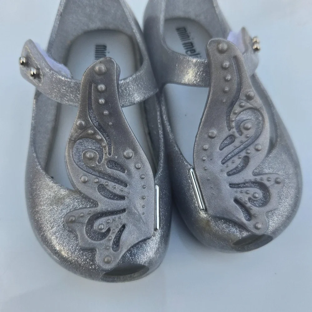Mini Melissa Toddler Silver Gray Sparkle butterfly Bow‎ Girls Shoes Size 6c